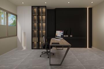 Modern home office with wooden desk and built-in shelves