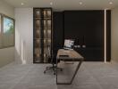 Modern home office with wooden desk and built-in shelves