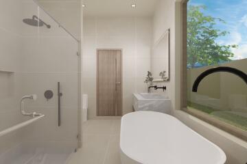 Modern bathroom with glass shower and bathtub