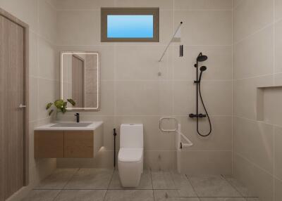 Modern, spacious bathroom with minimalist design
