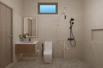 Modern, spacious bathroom with minimalist design