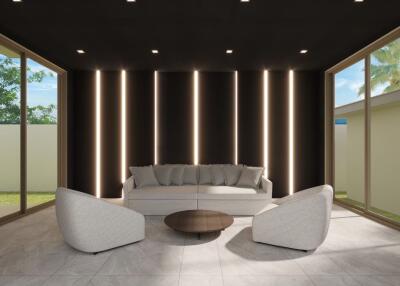 Modern living room with sofa, armchairs, and accent lighting