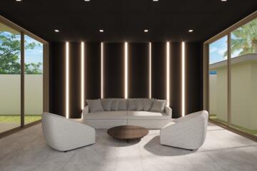 Modern living room with sofa, armchairs, and accent lighting