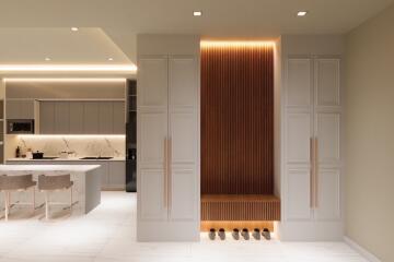 Modern kitchen with island and storage cabinets