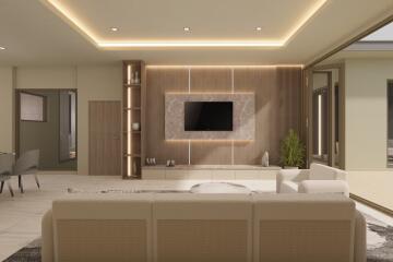 Spacious and modern living room with a wall-mounted TV and elegant lighting