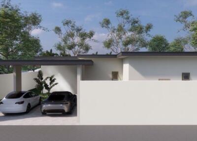 Modern home with carport and surrounding trees