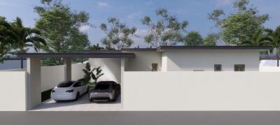 Modern home with carport and surrounding trees