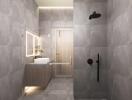 Modern bathroom with walk-in shower and floating vanity