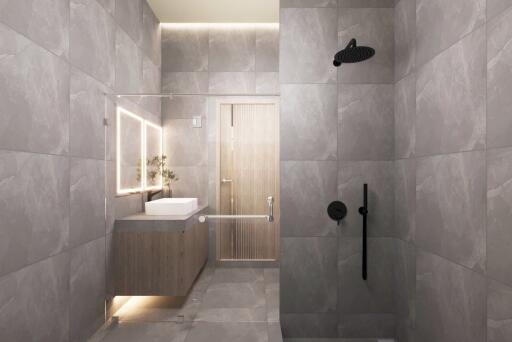 Modern bathroom with walk-in shower and floating vanity