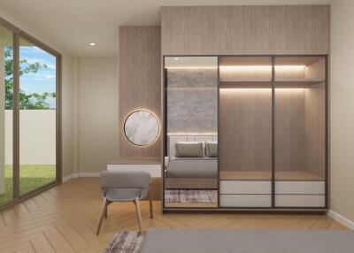 Modern bedroom with large window, built-in wardrobe and desk
