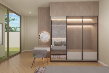 Modern bedroom with large window, built-in wardrobe and desk