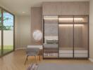 Modern bedroom with large window, built-in wardrobe and desk