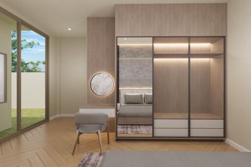 Modern bedroom with large window, built-in wardrobe and desk