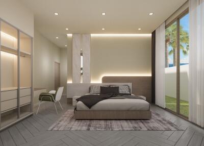 Contemporary bedroom with large windows and modern furnishings