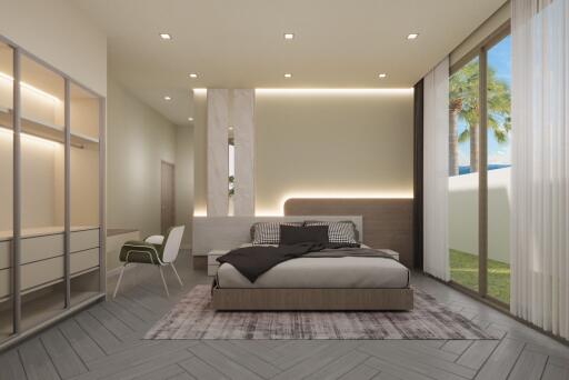 Contemporary bedroom with large windows and modern furnishings