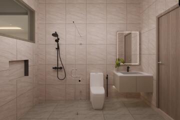 Modern bathroom with sleek fixtures and a large mirror