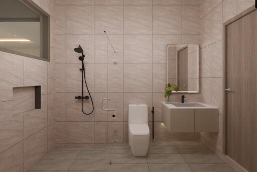 Modern bathroom with sleek fixtures and a large mirror