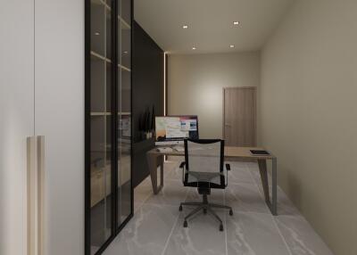 Modern home office with desk, computer, and office chair