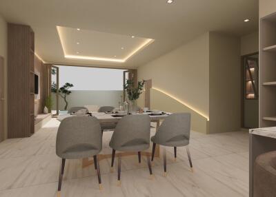 Modern living and dining area with contemporary lighting and decor