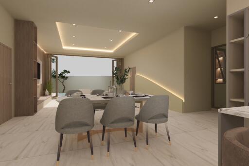 Modern living and dining area with contemporary lighting and decor