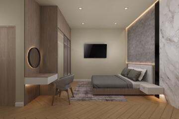 Modern bedroom with stylish decor and furnishings