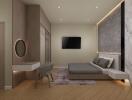 Modern bedroom with stylish decor and furnishings