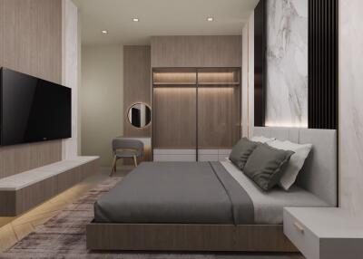 Modern bedroom with bed, TV, and wardrobe