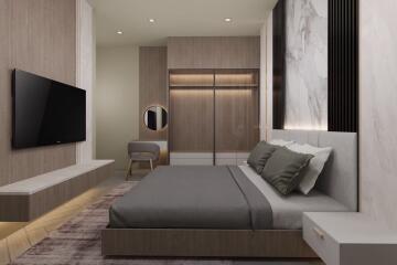 Modern bedroom with bed, TV, and wardrobe