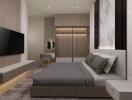 Modern bedroom with bed, TV, and wardrobe