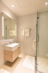 Modern bathroom with glass shower, vanity, and mirror