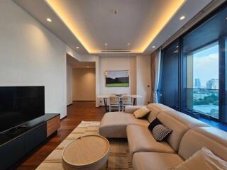 Modern living room with a large window view