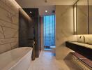 Luxurious modern bathroom with freestanding bathtub, walk-in shower, and dual sinks