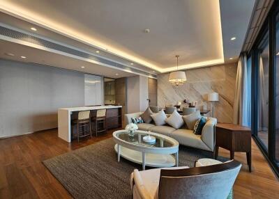 Modern living room with stylish furniture and lighting