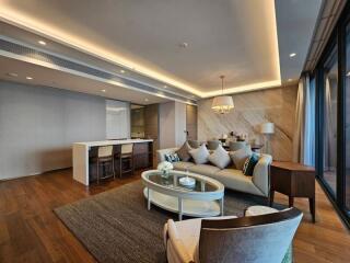 Modern living room with stylish furniture and lighting