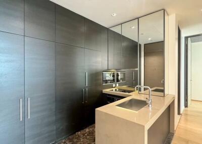 Modern kitchen with sleek cabinetry and dual sinks