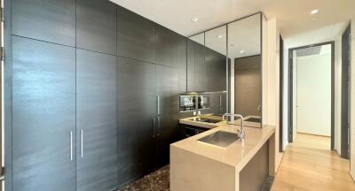 Modern kitchen with sleek cabinetry and dual sinks