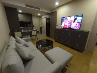 Modern living room with a gray sofa, flat-screen TV, and a kitchenette