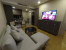 Modern living room with a gray sofa, flat-screen TV, and a kitchenette