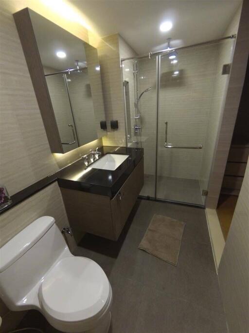 Modern bathroom with shower enclosure, vanity sink, and toilet