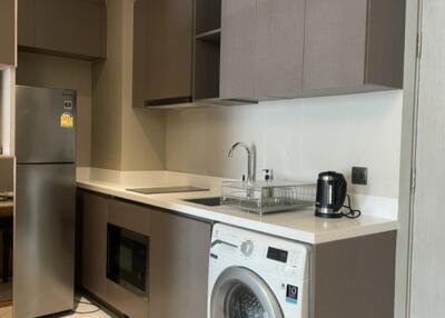 Modern kitchen with grey cabinetry and built-in appliances