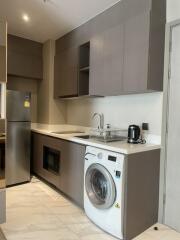 Modern kitchen with grey cabinetry and built-in appliances