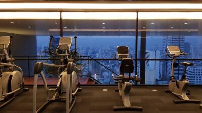 Modern gym with exercise equipment and city view