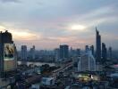 Aerial view of the city skyline at dusk