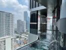 Rooftop pool with a view of city skyscrapers