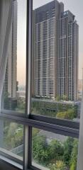 View of modern high-rise building from a window