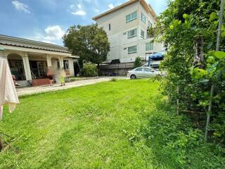 A well-maintained backyard with green lawn and adjacent buildings