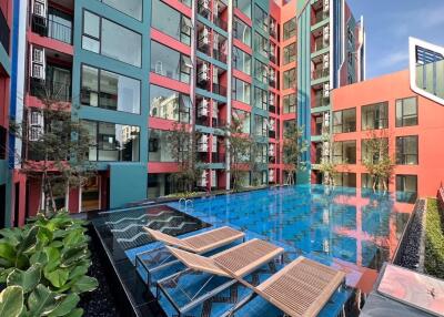 Colorful modern building with a swimming pool
