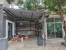 Covered outdoor area with storage and sliding glass door