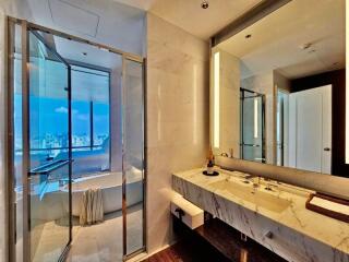 Modern bathroom with a city view