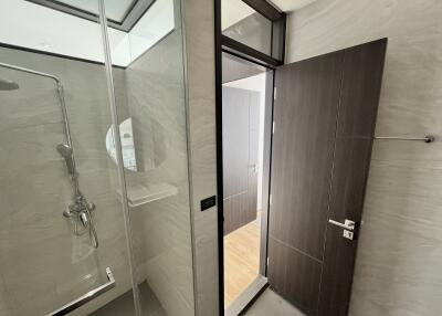 Modern bathroom with shower and dark wooden door
